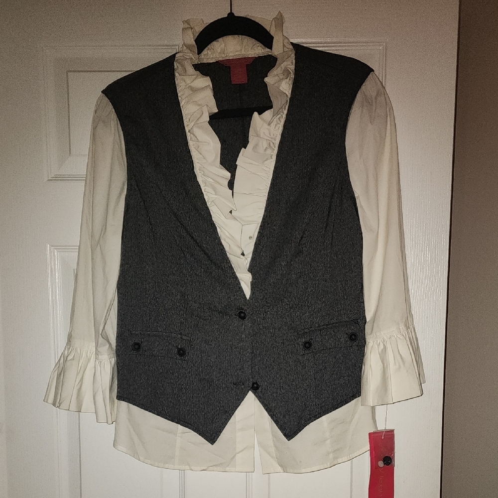Gray Vest with White Ruffled Blouse